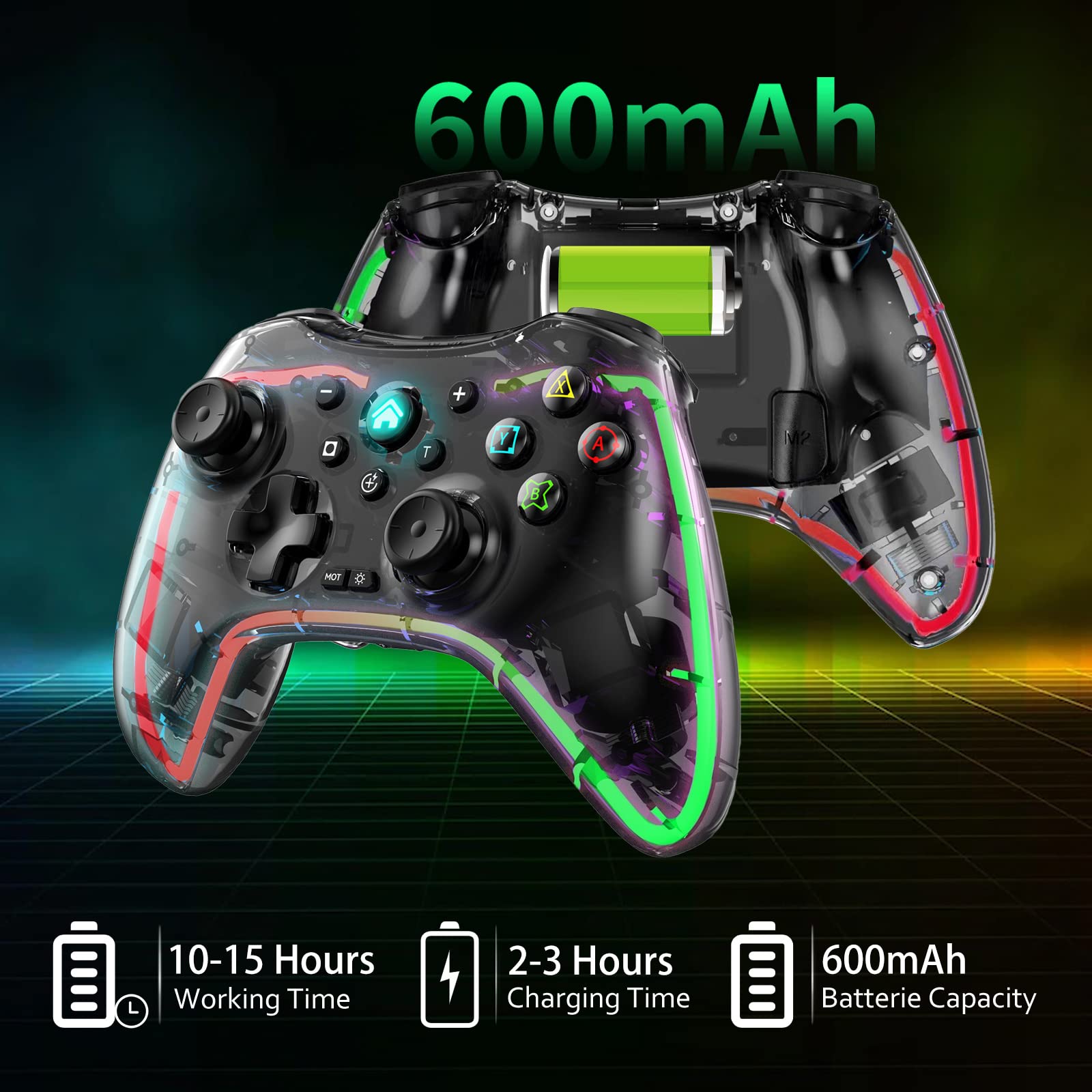 Joso Mobile Gaming Controller for iPhone/Android/PC/PS4 with RGB, Wireless Switch Controller with 6-Axis Gyro/Dual Vibration/Customized Buttons/Turbo, Transparent Mobile Gamepad with Phone Holder