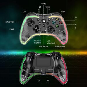 Joso Mobile Gaming Controller for iPhone/Android/PC/PS4 with RGB, Wireless Switch Controller with 6-Axis Gyro/Dual Vibration/Customized Buttons/Turbo, Transparent Mobile Gamepad with Phone Holder