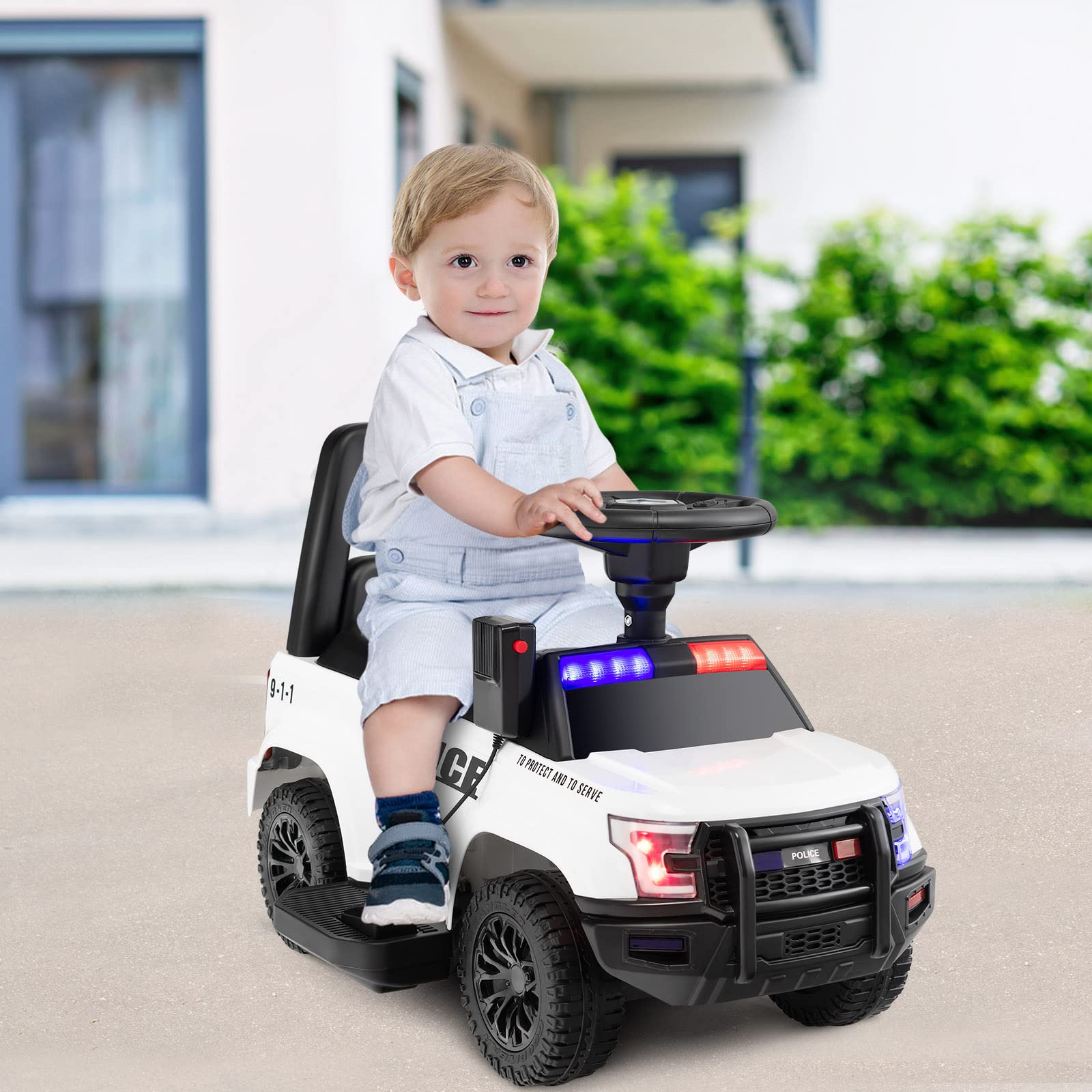 Costzon Police Car Ride On, 6V Battery Powered Electric Kids Ride On Car with Megaphone, Lights, Siren, Under Seat Storage, Toddler Push Car, Ride On Toys for Toddlers 1-3 Boys Girls (White)