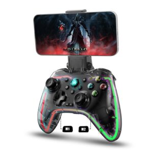 joso mobile gaming controller for iphone/android/pc/ps4 with rgb, wireless switch controller with 6-axis gyro/dual vibration/customized buttons/turbo, transparent mobile gamepad with phone holder