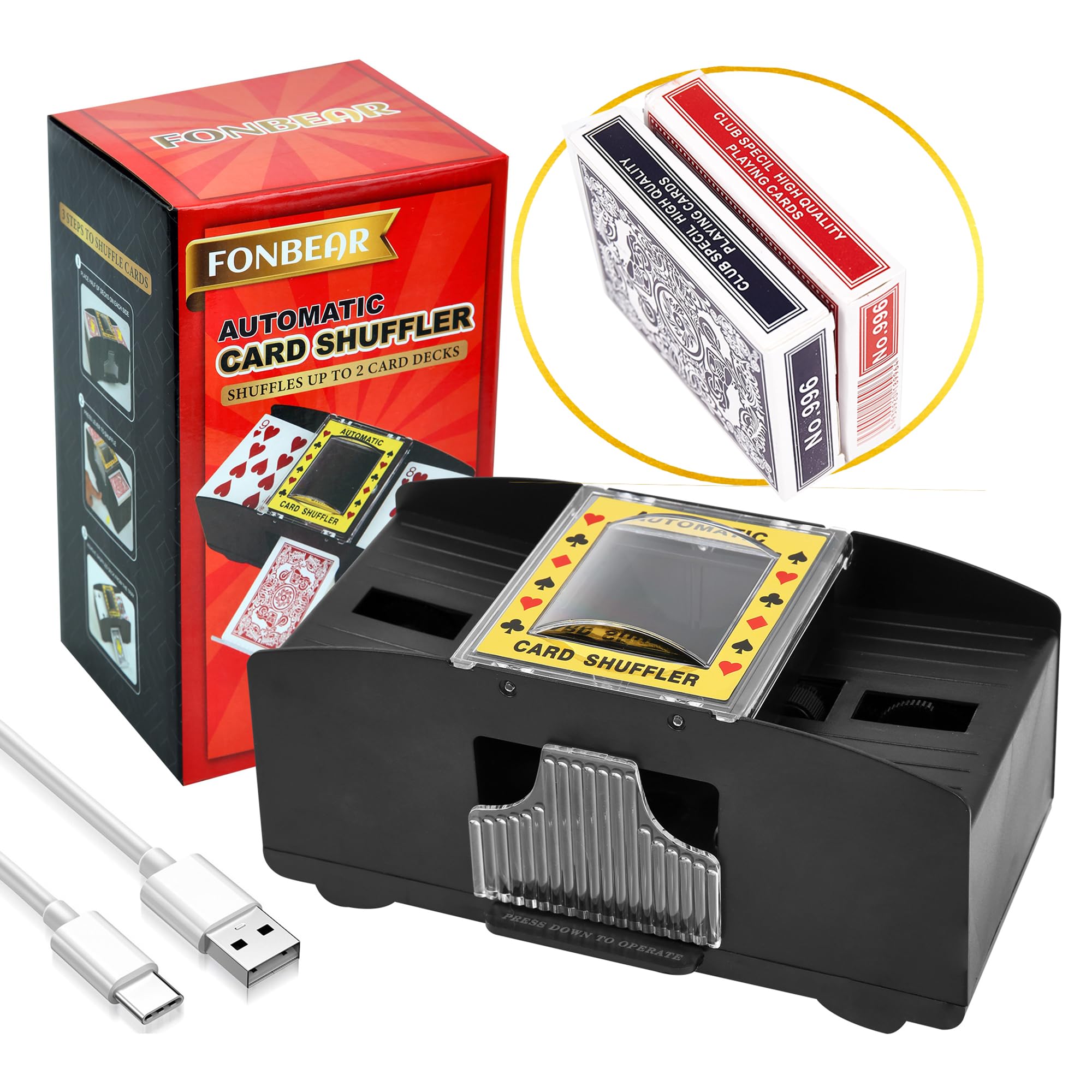 FONBEAR 2 Deck Automatic Card Shuffler - USB & Battery-Operated Electric Shuffler (Playing Card Included) - Great for Home & Tournament Use for Classic Poker & Trading Card Games