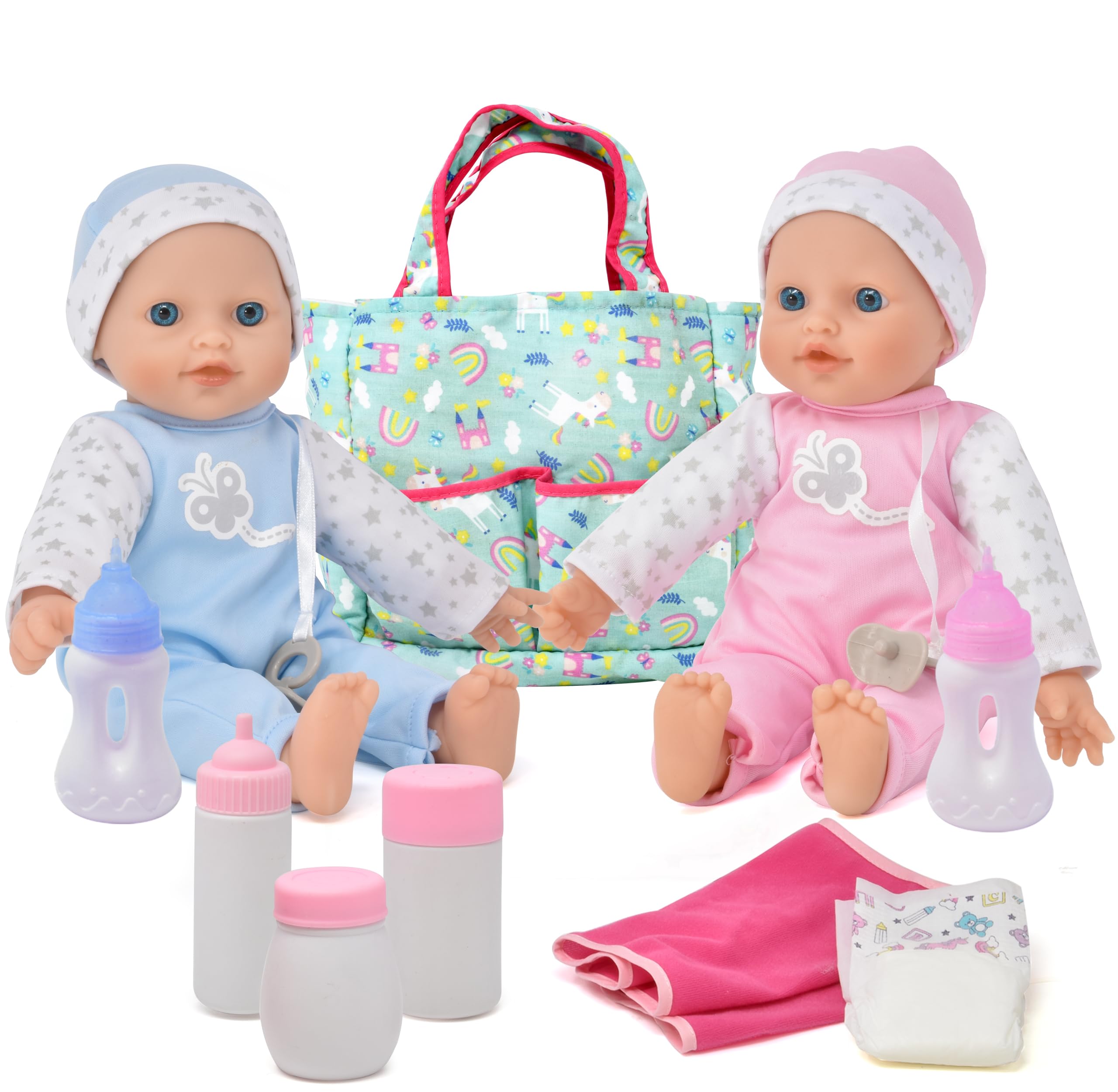 Gift Boutique Twin Baby Dolls with Accessories, Soft Body Girl Doll & Baby Boy Doll with Diaper Bag Doll Care Kit with Feeding Bottles, Pacifiers, Diaper & Changing Accessories Set for Toddlers & Kids