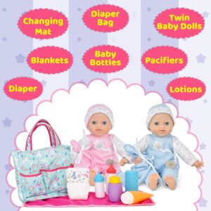 Gift Boutique Twin Baby Dolls with Accessories, Soft Body Girl Doll & Baby Boy Doll with Diaper Bag Doll Care Kit with Feeding Bottles, Pacifiers, Diaper & Changing Accessories Set for Toddlers & Kids