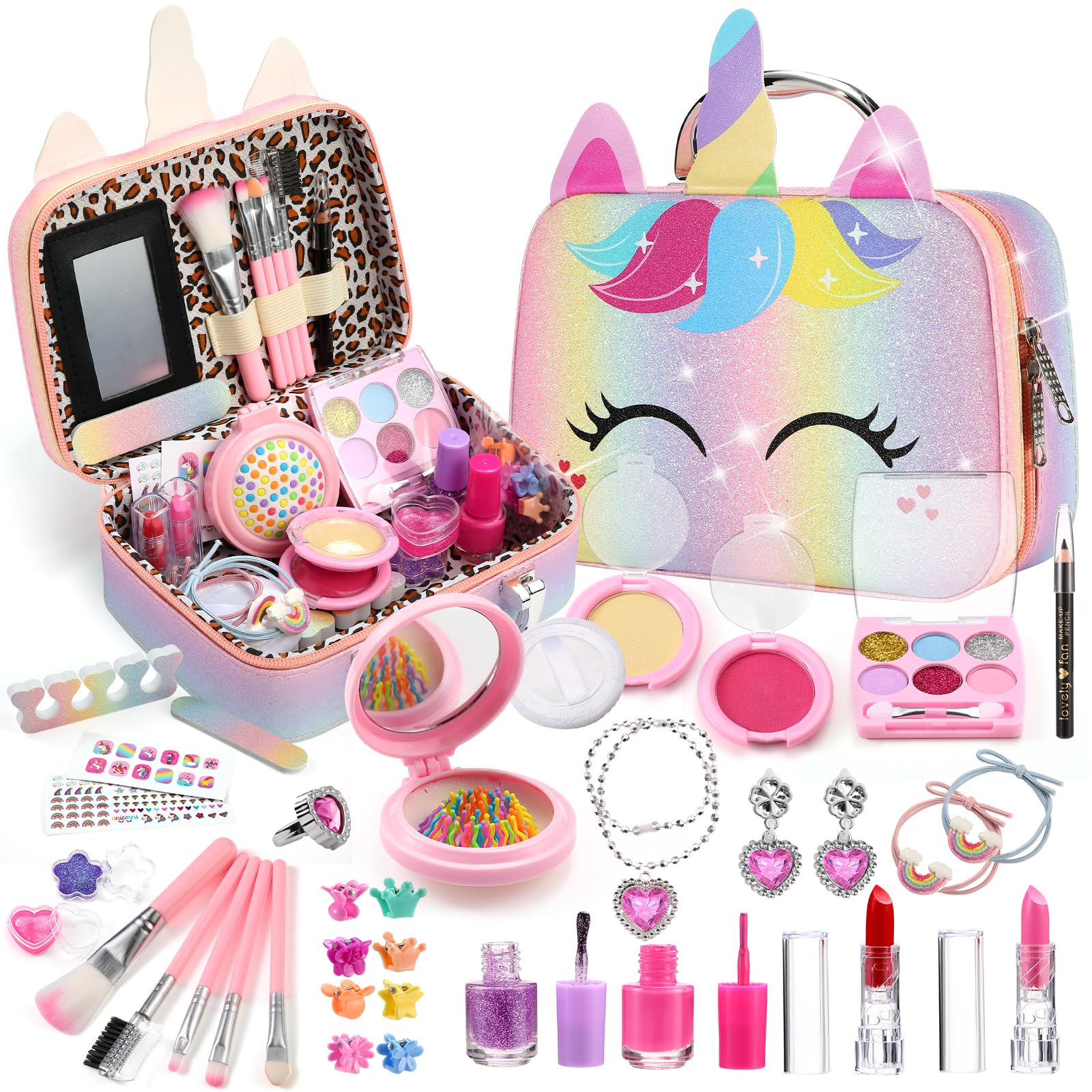 HOLYBELLE Kids Pretend Play Makeup Kit for Girl Toys,Washable Girls Makeup Kit for Kids with Unicorn Bag,Make Up Kit for Toddler Princess Christmas Birthday Gifts for Girls Age 3 4 5 6 7 8 9 10 11 12