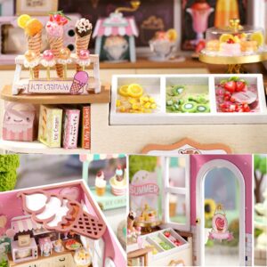 TuKIIE DIY Miniature Dollhouse Kit with Furniture, 1:24 Scale Creative Room Mini Wooden Doll House Accessories Plus Dust Proof for Kids Teens Adults(Ice Cream Shop)