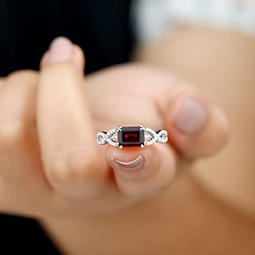 Rosec Jewels Natural Garnet 6X8mm Emerald Cut Engagement Ring, AAA Quality, Garnet Diamond East West Ring - Ready To Gift, 14K White Gold, Size:US 6.00