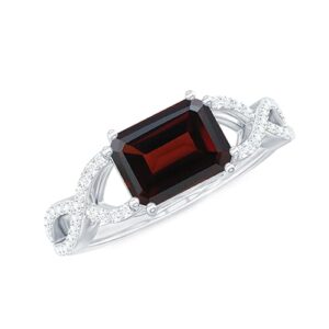 Rosec Jewels Natural Garnet 6X8mm Emerald Cut Engagement Ring, AAA Quality, Garnet Diamond East West Ring - Ready To Gift, 14K White Gold, Size:US 6.00