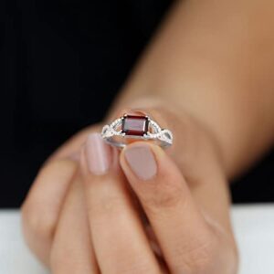 Rosec Jewels Natural Garnet 6X8mm Emerald Cut Engagement Ring, AAA Quality, Garnet Diamond East West Ring - Ready To Gift, 14K White Gold, Size:US 6.00