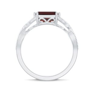 Rosec Jewels Natural Garnet 6X8mm Emerald Cut Engagement Ring, AAA Quality, Garnet Diamond East West Ring - Ready To Gift, 14K White Gold, Size:US 6.00