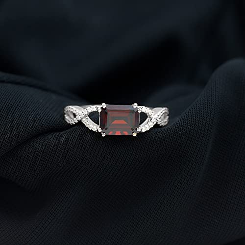 Rosec Jewels Natural Garnet 6X8mm Emerald Cut Engagement Ring, AAA Quality, Garnet Diamond East West Ring - Ready To Gift, 14K White Gold, Size:US 6.00