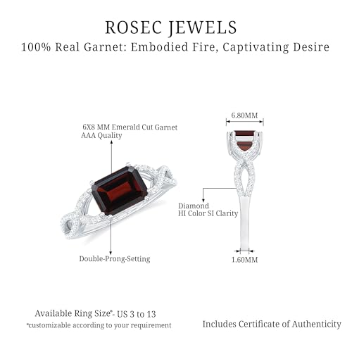 Rosec Jewels Natural Garnet 6X8mm Emerald Cut Engagement Ring, AAA Quality, Garnet Diamond East West Ring - Ready To Gift, 14K White Gold, Size:US 6.00