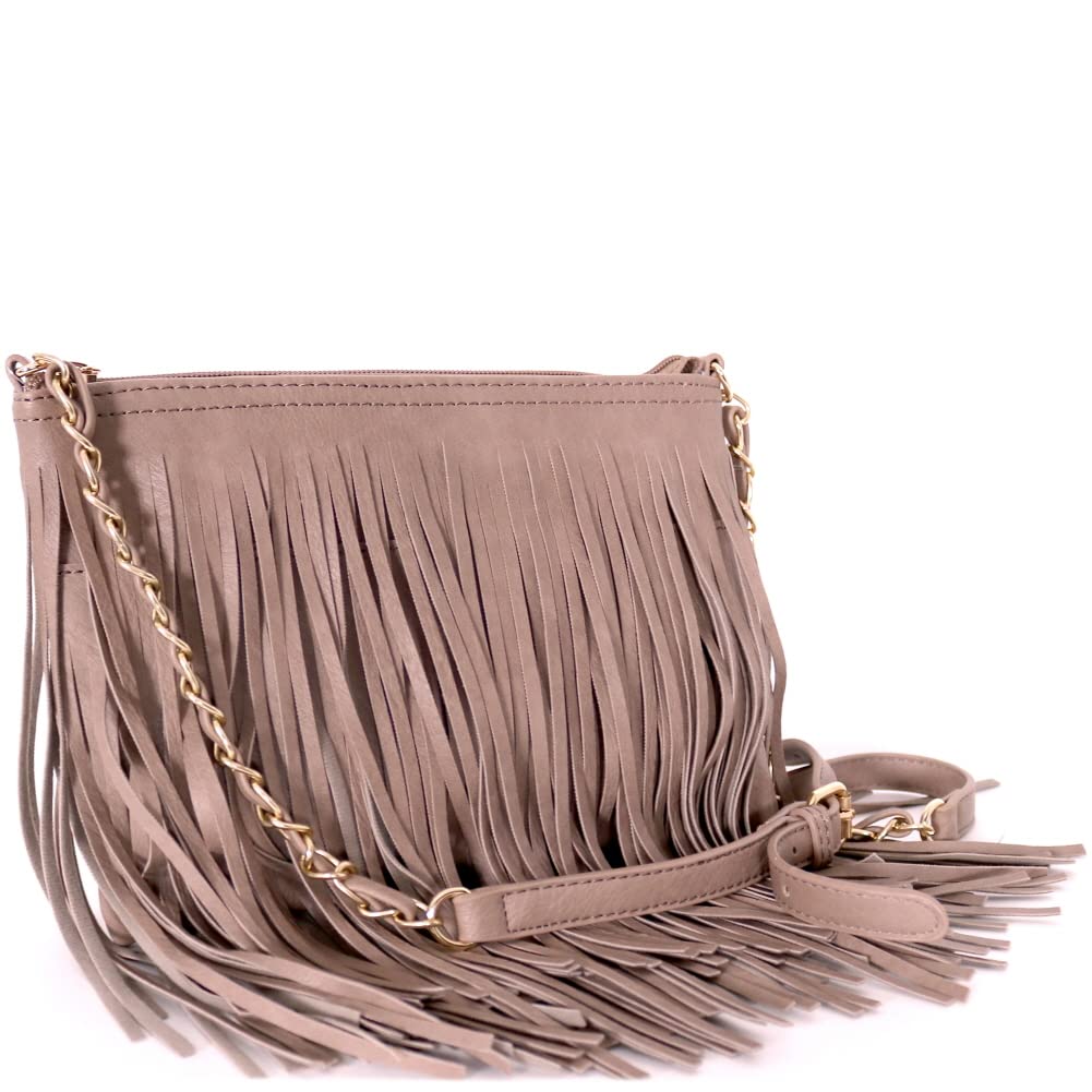 Front and Back Both Side Fringed Soft PU Leather Medium Long Cross Body Messenger Shoulder Bag (Taupe)