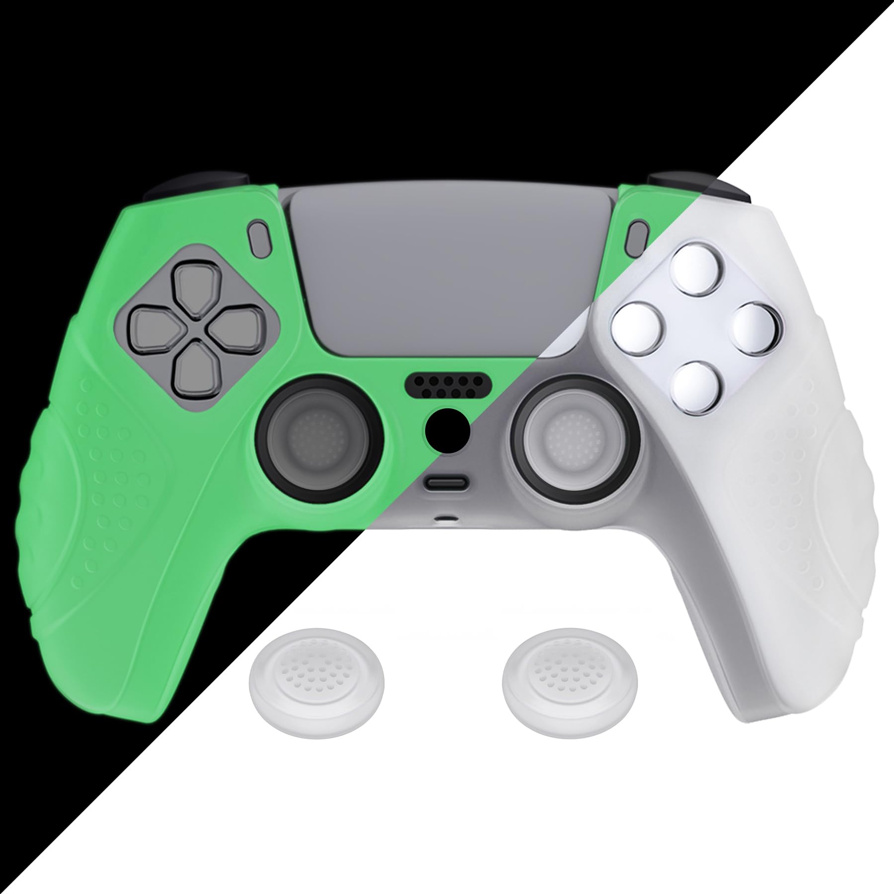 eXtremeRate PlayVital Glow in Dark - Green Guardian Edition Ergonomic Soft Anti-Slip Controller Silicone Case Cover for ps5, Rubber Protector Skins with Joystick Caps for ps5 Controller