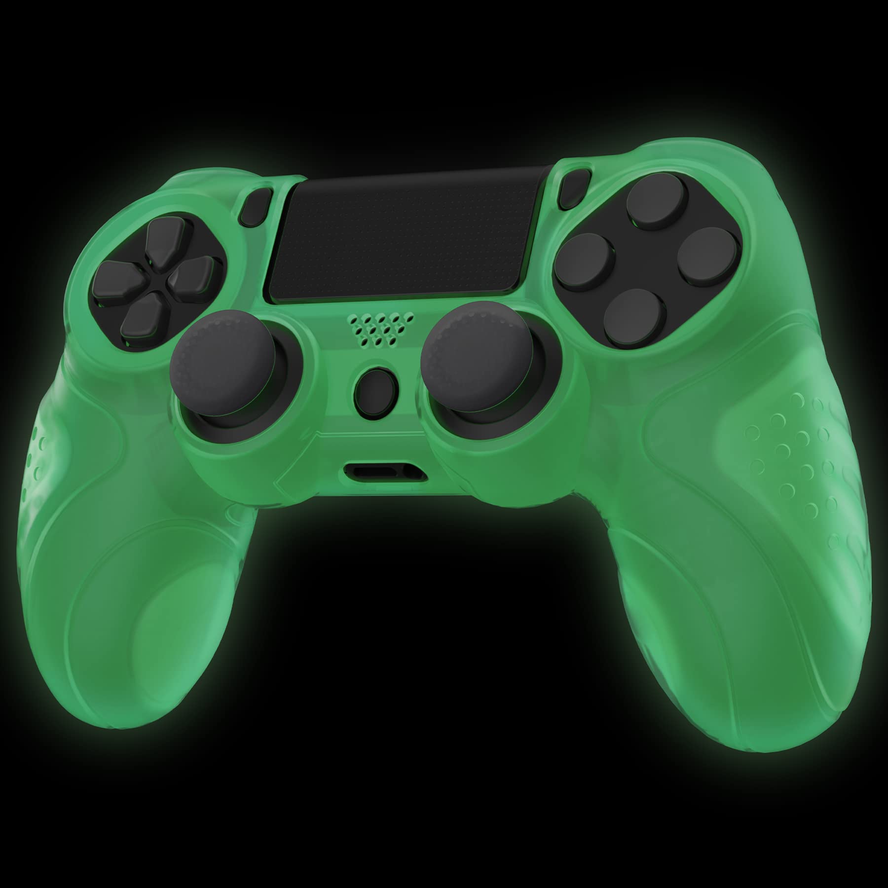 PlayVital Guardian Edition Glow in Dark - Green Ergonomic Soft Anti-Slip Controller Silicone Case Cover for ps4, Rubber Protector Skin with Joystick Caps for ps4 Slim/Pro Controller