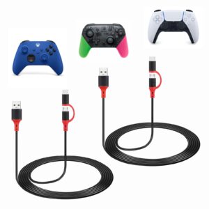 weishan 2-Pack Charger for PS5 PS4 Xbox One Xbox Series X/S Wireless Game Controllers, 2-in-1 Charging Cable USB C & Micro USB Cord Compatible with Nintendo Switch, 10ft