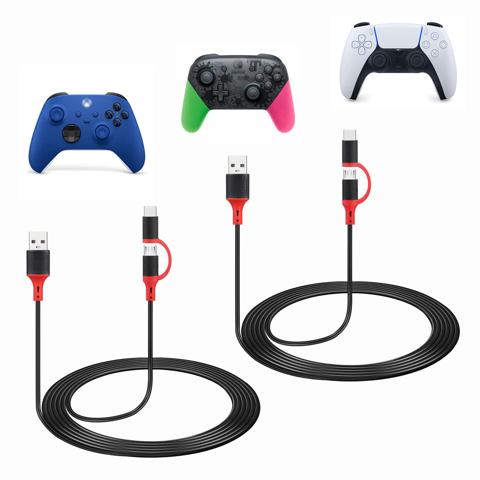 weishan 2-Pack Charger for PS5 PS4 Xbox One Xbox Series X/S Wireless Game Controllers, 2-in-1 Charging Cable USB C & Micro USB Cord Compatible with Nintendo Switch, 10ft