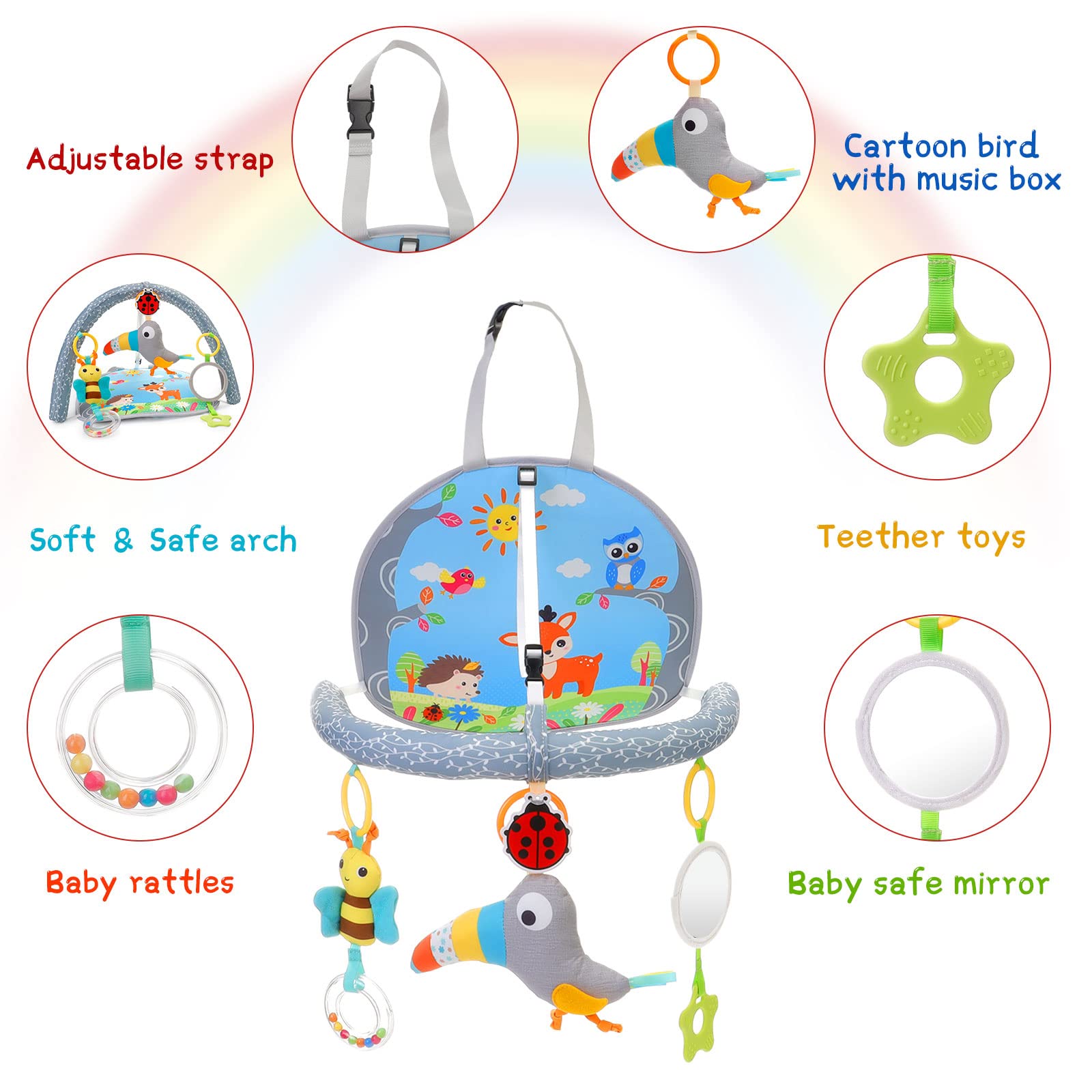 Infant Car Seat Toys for Babies 0-6 Months: Travel Baby Toy for Rear Car Seat, Adjustable Mobile Activity Arch with Music, Sensory Hanging Toy Fits Safety Car Seats, Crib, Stroller (Multi-color)