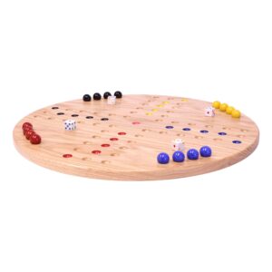 AmishToyBox.com Wahoo Marble Game Board Set - Round 18" Wide Marbles Game - Solid Oak Wood - Double-Sided - with Large 18mm Marbles and Dice Included