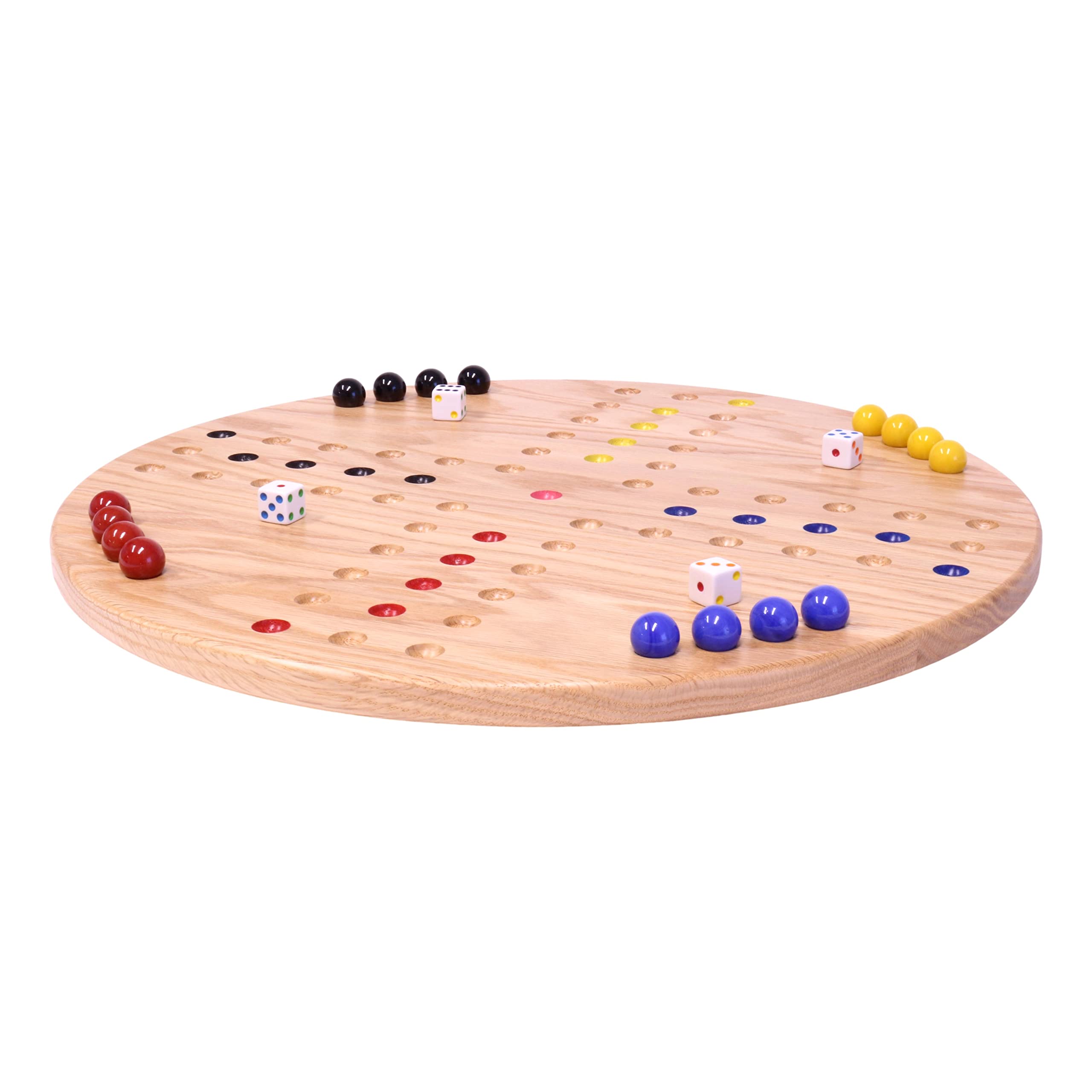 AmishToyBox.com Wahoo Marble Game Board Set - Round 18" Wide Marbles Game - Solid Oak Wood - Double-Sided - with Large 18mm Marbles and Dice Included