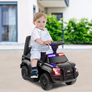 HONEY JOY Electric Ride on Push Car, 6V Foot-to-Floor Cop Push Cars for Toddlers, Megaphone, Lights, Siren, Under Seat Storage, Battery Powered Ride On Police Car for Kids Boys Girls 1-3, Black