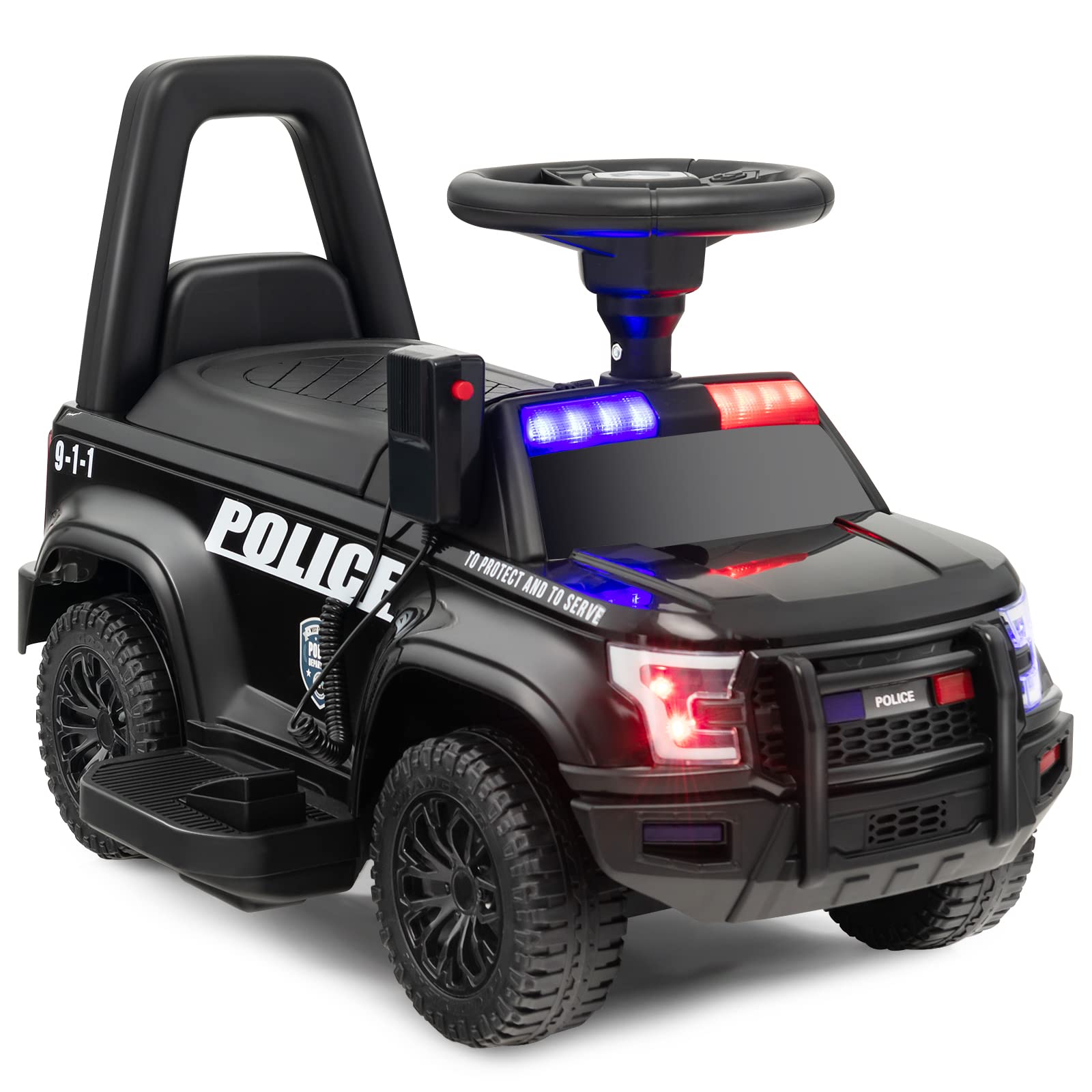 HONEY JOY Electric Ride on Push Car, 6V Foot-to-Floor Cop Push Cars for Toddlers, Megaphone, Lights, Siren, Under Seat Storage, Battery Powered Ride On Police Car for Kids Boys Girls 1-3, Black