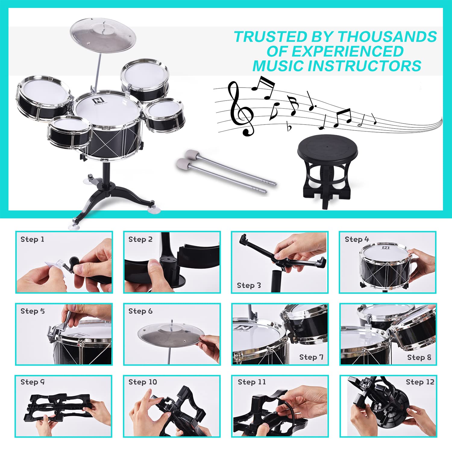 SZJYMY Children's Jazz Drum Set Percussion Children's Musical Instrument Set Education Stimulates Children's Creativity Suitable for 3-4 year old boys and girls (Black)