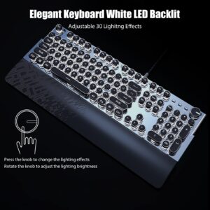 TISHLED Typewriter Keyboard Mechanical Gaming Keyboard White LED Backlit Removable Magnetic Wrist Rest Multifunction Knob 104-Key Anti-Ghosting Black Switch Retro Steampunk Round Keycaps Wired USB