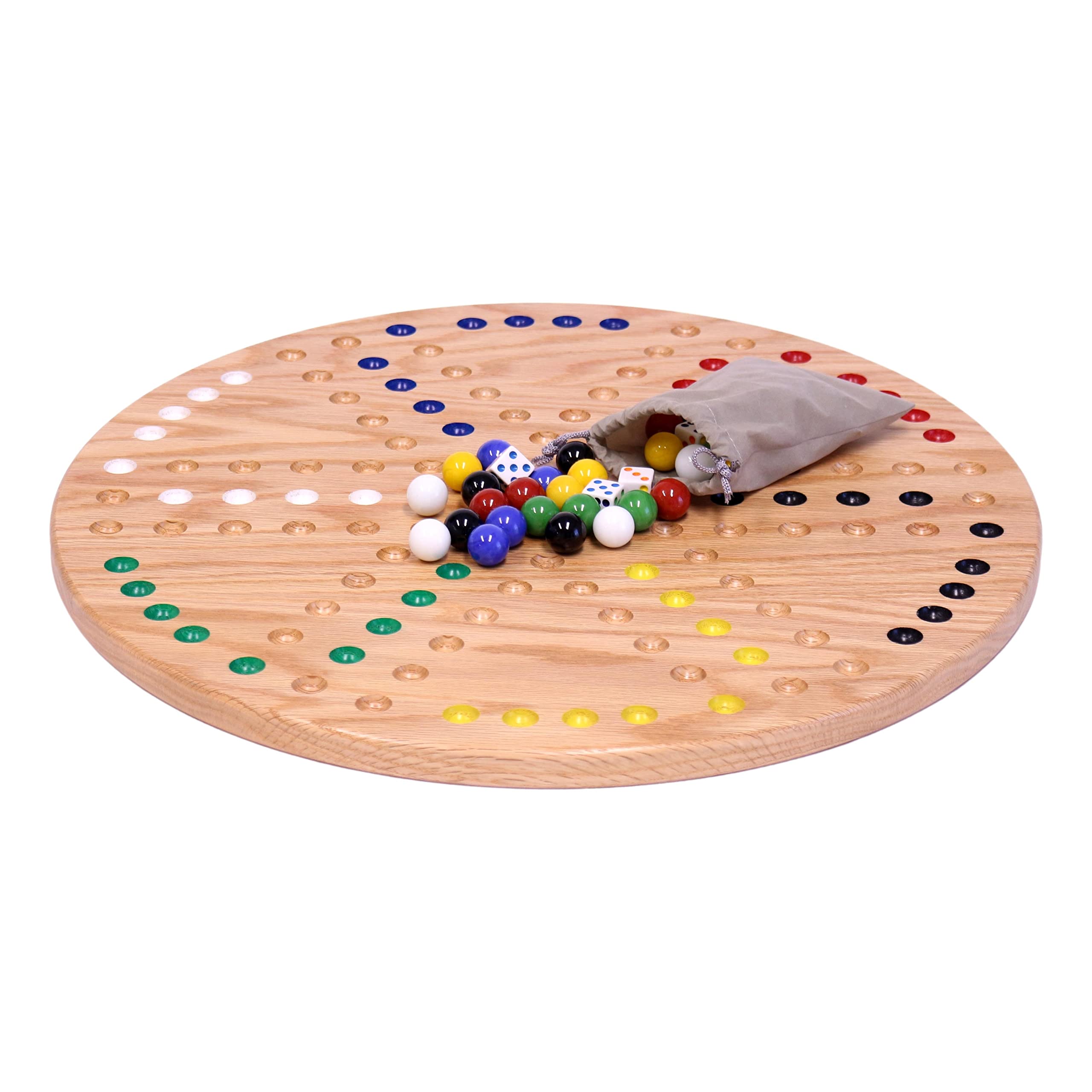 AmishToyBox.com Wahoo Marble Game Board Set - Round 18" Wide Marbles Game - Solid Oak Wood - Double-Sided - with Large 18mm Marbles and Dice Included