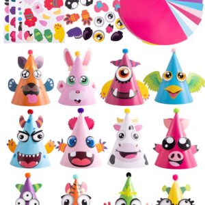 JOYIN 12 Sets Party Hats for Kids Birthday Party Games Craft Activities, Cute Animal Theme Birthday Hats Activity Kits with Stickers for Kids Holiday Party Favors