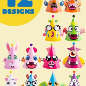 JOYIN 12 Sets Party Hats for Kids Birthday Party Games Craft Activities, Cute Animal Theme Birthday Hats Activity Kits with Stickers for Kids Holiday Party Favors