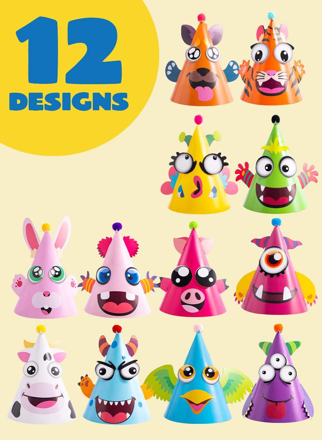 JOYIN 12 Sets Party Hats for Kids Birthday Party Games Craft Activities, Cute Animal Theme Birthday Hats Activity Kits with Stickers for Kids Holiday Party Favors