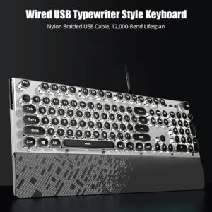 TISHLED Typewriter Keyboard Mechanical Gaming Keyboard White LED Backlit Removable Magnetic Wrist Rest Multifunction Knob 104-Key Anti-Ghosting Black Switch Retro Steampunk Round Keycaps Wired USB