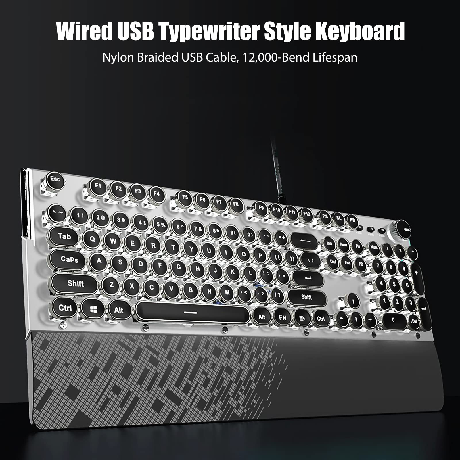 TISHLED Typewriter Keyboard Mechanical Gaming Keyboard White LED Backlit Removable Magnetic Wrist Rest Multifunction Knob 104-Key Anti-Ghosting Black Switch Retro Steampunk Round Keycaps Wired USB