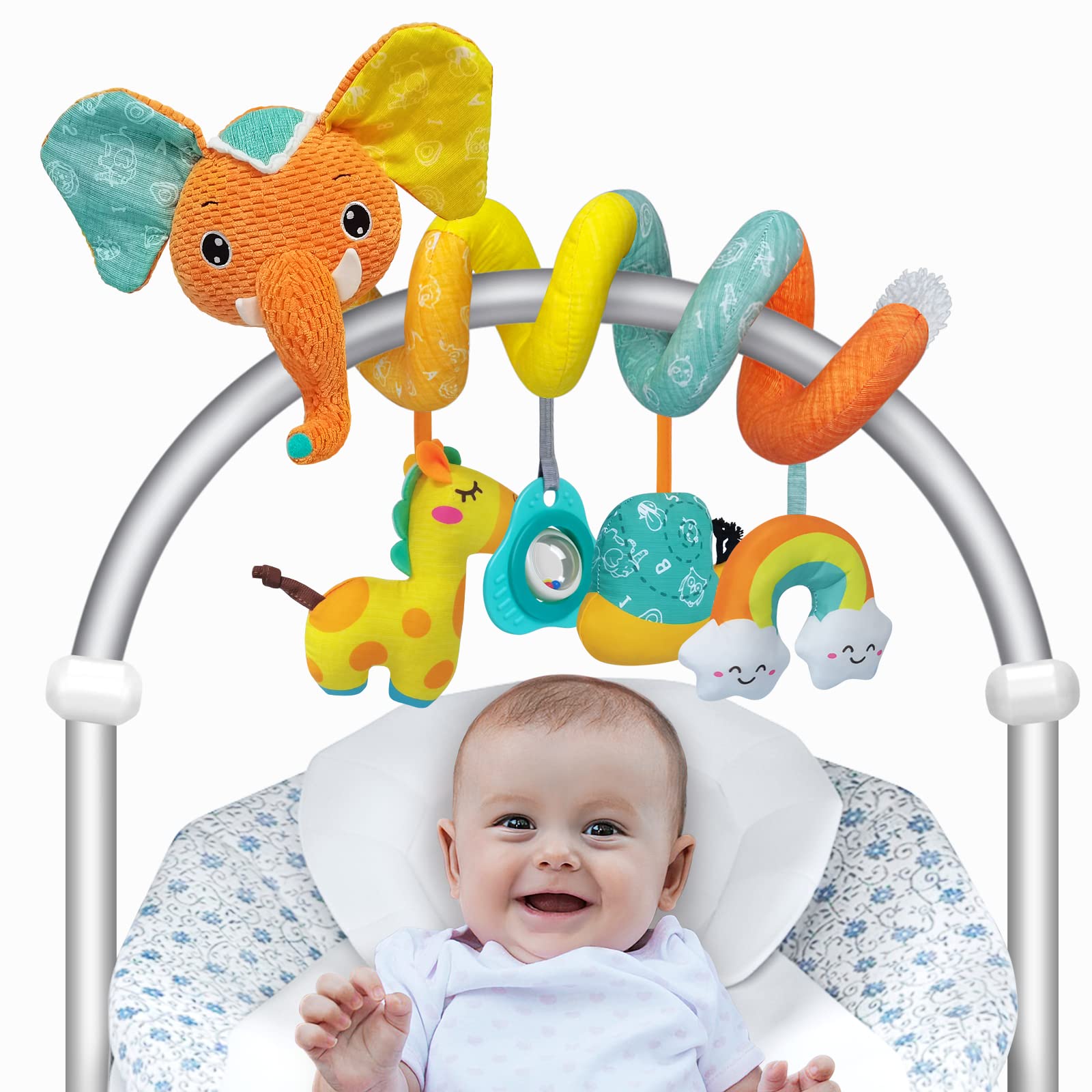 FATI Car Seat Toys Baby Toys 0-6 Months, Newborn Toys Infant Toys 0-3 Months, Stroller Toys for Baby Crib Carseat, Sensory Toys with Squeaker Teether Rattles for 0 3 6 9 12 Months Babies Ideal Gifts