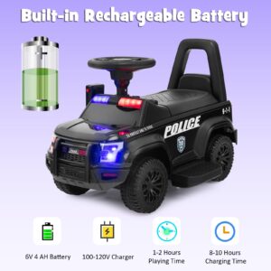 HONEY JOY Electric Ride on Push Car, 6V Foot-to-Floor Cop Push Cars for Toddlers, Megaphone, Lights, Siren, Under Seat Storage, Battery Powered Ride On Police Car for Kids Boys Girls 1-3, Black