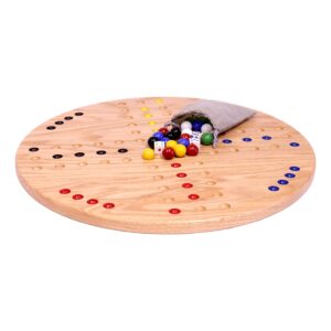 AmishToyBox.com Wahoo Marble Game Board Set - Round 18" Wide Marbles Game - Solid Oak Wood - Double-Sided - with Large 18mm Marbles and Dice Included