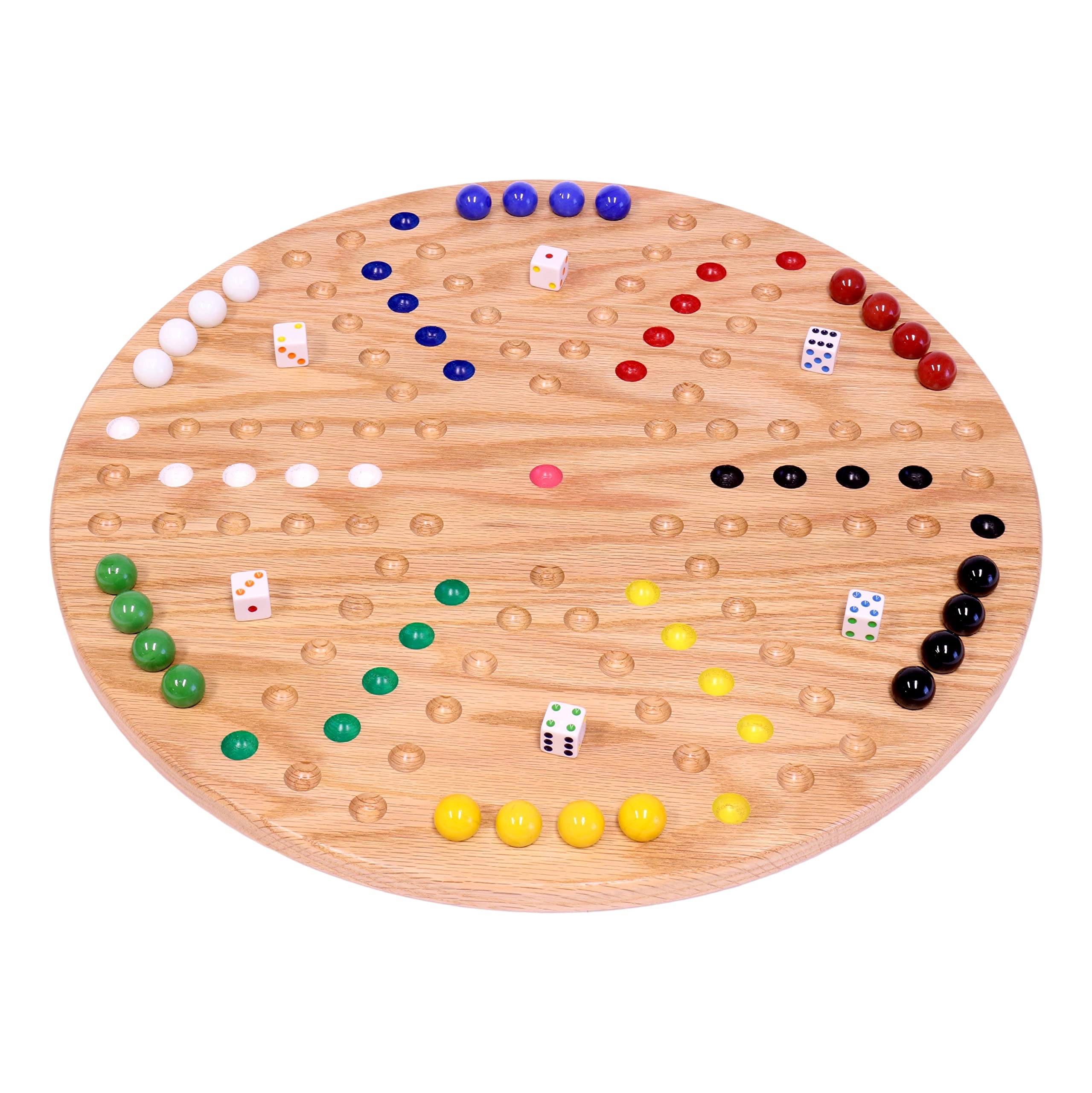 AmishToyBox.com Wahoo Marble Game Board Set - Round 18" Wide Marbles Game - Solid Oak Wood - Double-Sided - with Large 18mm Marbles and Dice Included