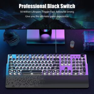 TISHLED Typewriter Keyboard Mechanical Gaming Keyboard White LED Backlit Removable Magnetic Wrist Rest Multifunction Knob 104-Key Anti-Ghosting Black Switch Retro Steampunk Round Keycaps Wired USB