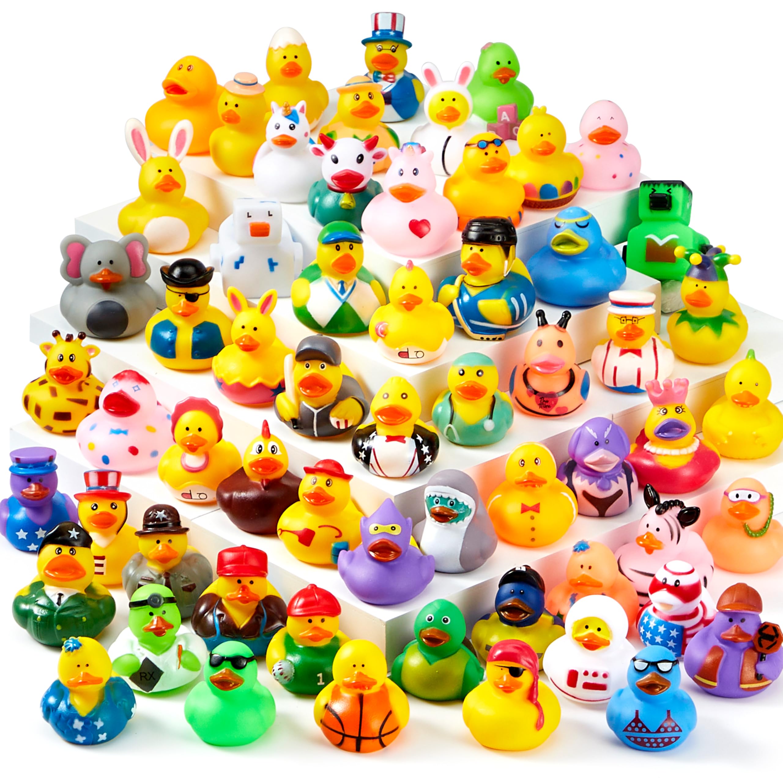 JOYIN 60 Pcs Rubber Ducks, Random Assortment Jeep Ducks Bulk with Mesh Carry Bag, Mini Rubber Duckies for Toddler Baby Bath Toys, Kids Bath Pool Toys Birthday Gifts Party Favors