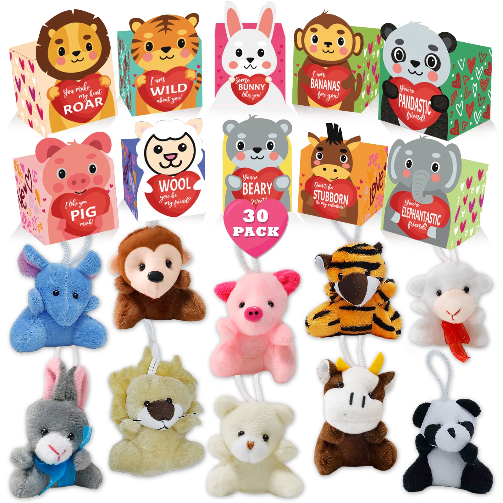 ATFUNSHOP Valentines Day Gifts Box for Kids with Animal Plush Toys 30 Pack Valentines Mini Keychains and Gift Card in Bulk Exchange for Toddlers Girls Boys School Class Classroom Party Favors