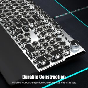 TISHLED Typewriter Keyboard Mechanical Gaming Keyboard White LED Backlit Removable Magnetic Wrist Rest Multifunction Knob 104-Key Anti-Ghosting Black Switch Retro Steampunk Round Keycaps Wired USB