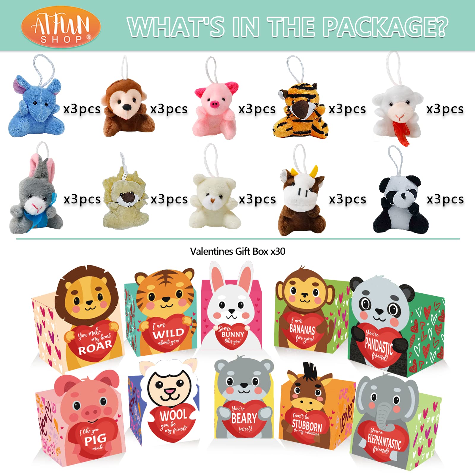 ATFUNSHOP Valentines Day Gifts Box for Kids with Animal Plush Toys 30 Pack Valentines Mini Keychains and Gift Card in Bulk Exchange for Toddlers Girls Boys School Class Classroom Party Favors