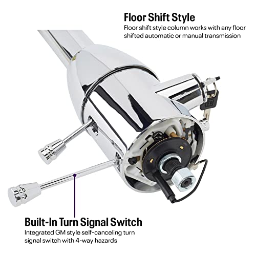 Universal GM Tilt Steering Column, 30" Chrome Finish, Floor Shift, 5-Position Tilt, Integrated Turn Signal & Hazard Switch, Compatible with '69-'94 GM Specs, Includes Ignition, Keys, & Billet Levers