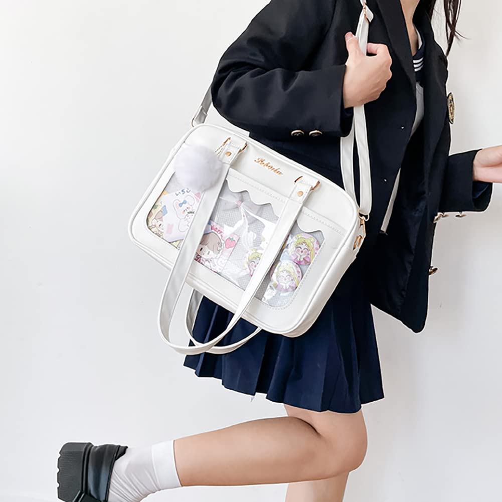 OXYPLAY Lolita ITA Bag with Insert Pin Display,Anime Cosplay Shoulder Bag,JK Messenger Crossbody Bag,PU Leather Kawaii Purse forWomen (White)