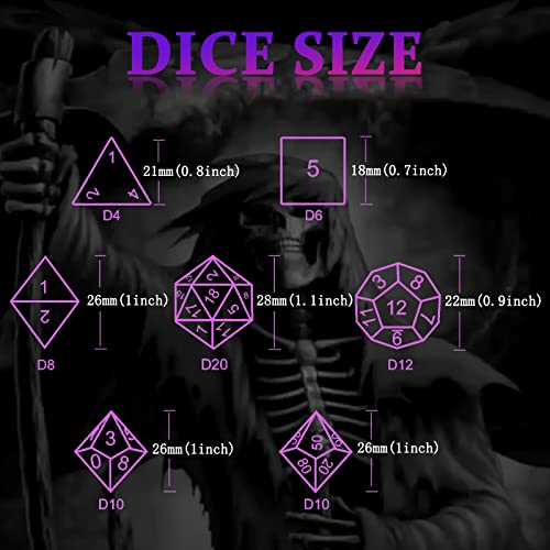 DND Dice for Dungeons and Dragons Polyhedral Dice Set Metal Role Playing D&D Dice HNCCESG Hollow Grim Reaper Dice Gaming D and D Dice for Table Game RPG Pathfinder Warhammer Shadowrun (Purple Number)