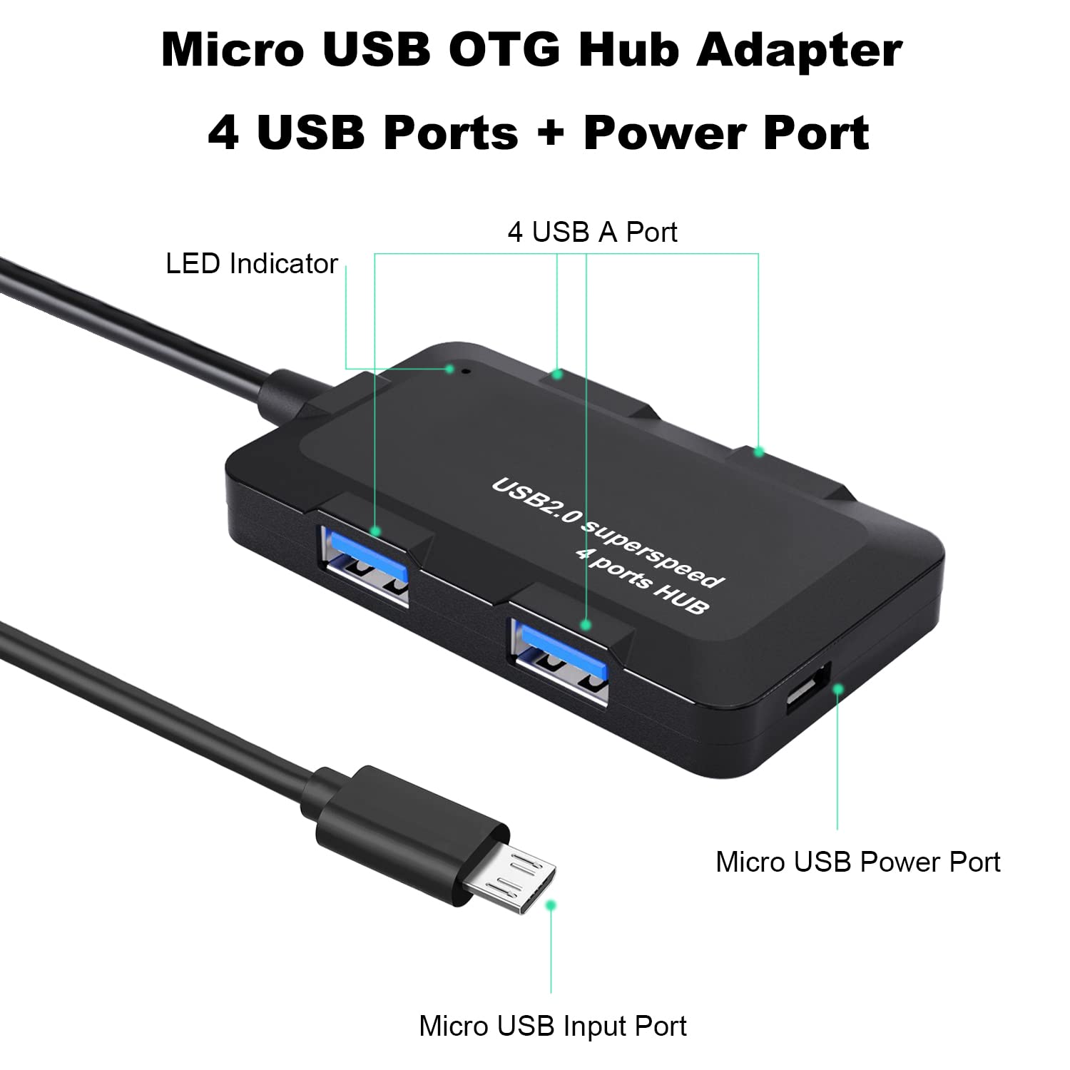 AreMe Micro USB OTG Cable Adapter with 4 USB Ports + Power Port for Fire Stick 4K and More Host Devices with Micro USB