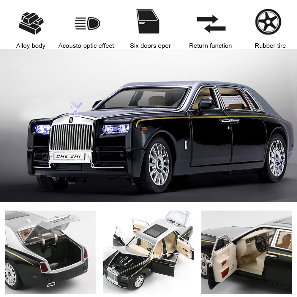 1/24 Diecast Car Model Rolls-Royce Phantom Toy Car, Alloy Collectible Phantom Replica Pull Back Model Car Vehicles with Sound and Light for Kids Boys Girls Birthday Gift