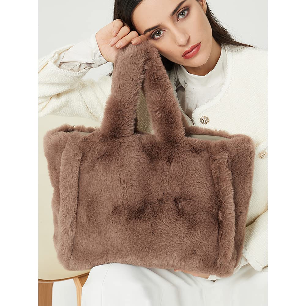 Large Fluffy Fuzzy Tote Bag Furry Purse Faux Fur Totes Shoulder Bags Women Plush Handbag Cute Winter Fashion Purses (khaki)