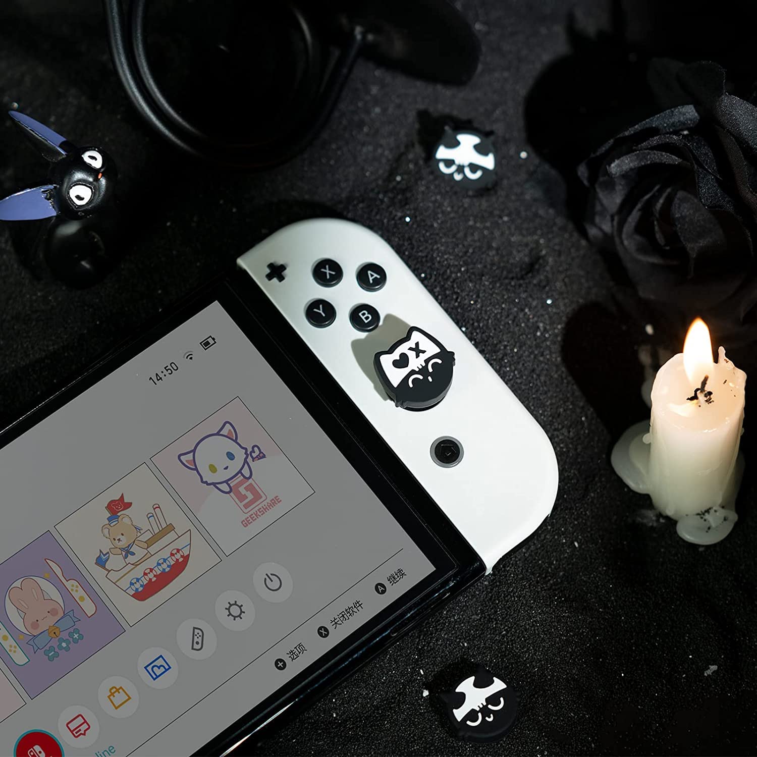 GeekShare Halloween Cute Silicone Joycon Thumb Grip Caps, Joystick Cover Compatible with Nintendo Switch/OLED/Switch Lite,4PCS - Skull Cat