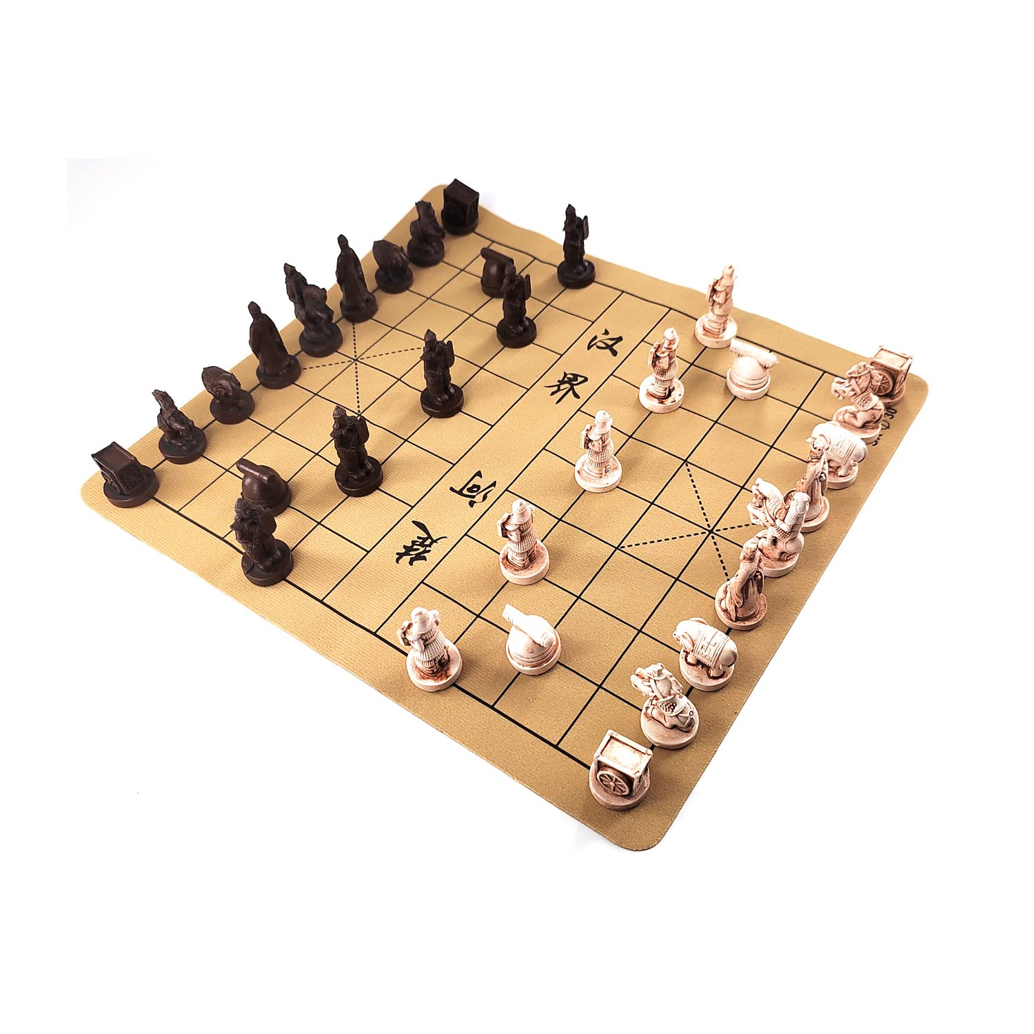 Traditional Chinese Xiangqi Portable Chess Set,Travel Board Game Set with Resin Chess Pieces and Leather Chessboard